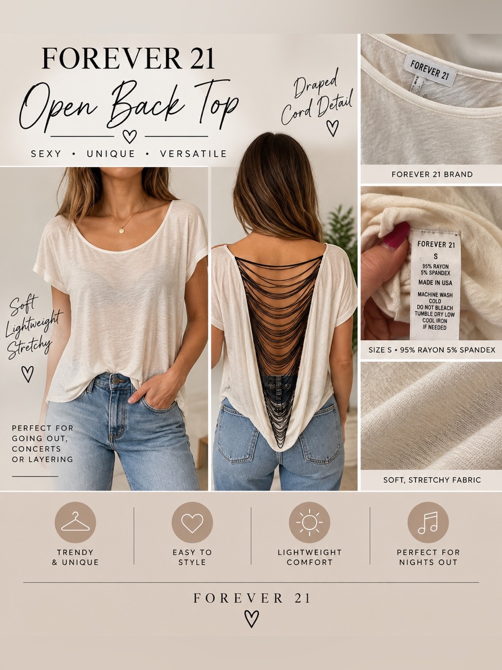Forever 21 cream colored Open Back with Draped cord back, sexy and unique